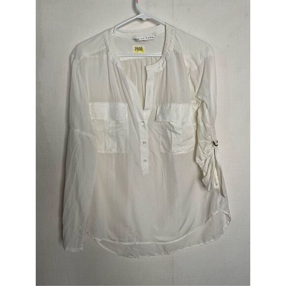 TRINA TURK Top Womens L Jemison Collarless Roll-Tab Sleeve‎ Henley Blouse Ivory - Picture 6 of 11